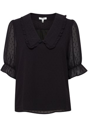 Zwarte blouse met een gestructureerd stippenpatroon, ruches op de kraag en korte pofmouwen van lichte stof.
