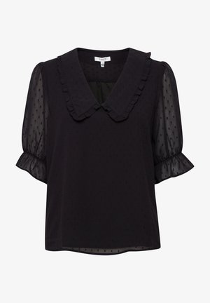 Blusa nera con un motivo a pois testurizzati, colletto arricciato e maniche corte a palloncino, realizzata in tessuto leggero.