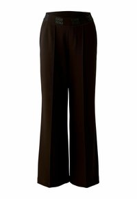 Schwarze, weite Hosen mit glatter Textur, ausgestattet mit einem flexiblen Bund mit "OUI"-Branding. Der gerade Schnitt ermöglicht eine angenehme Bewegungsfreiheit.