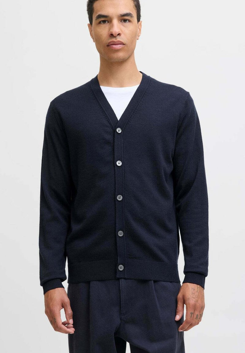 Uomo che indossa un cardigan blu navale con bottoni sopra una camicia bianca, in piedi di fronte a uno sfondo chiaro e semplice, rivolto in avanti.