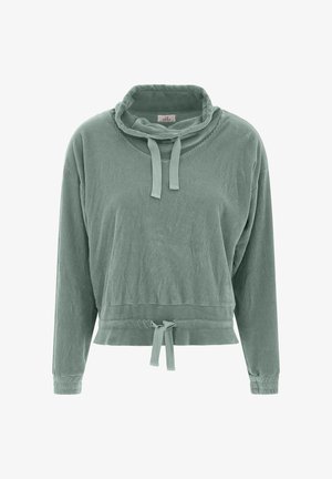 Groene corduroy pullover met een kraag, lange mouwen en verstelbare strik in de taille. Heeft een geribbelde textuur en een ontspannen pasvorm.