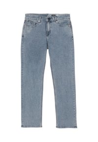 Jeans en denim bleu clair à coupe droite, dotés de cinq poches, de surpiqûres contrastées et d'une fermeture à bouton à la taille.