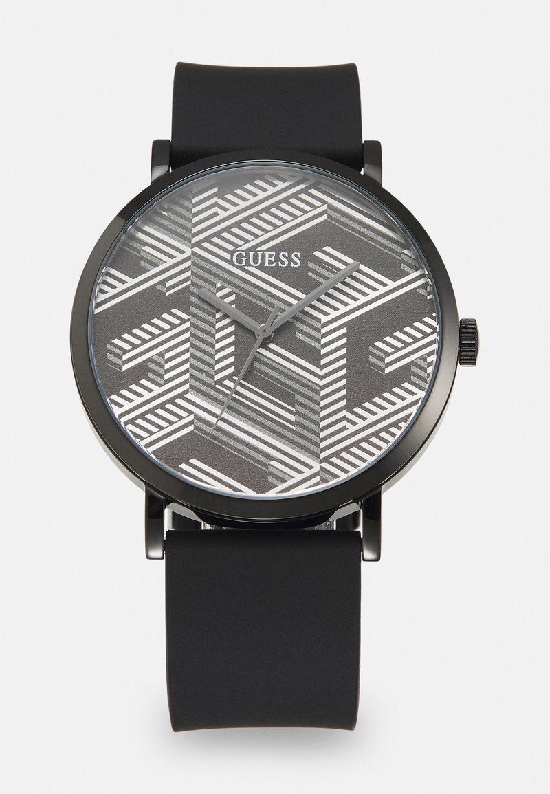Schwarze Uhr mit einem grau gemusterten Zifferblatt in geometrischem Design, mit silbernen Akzenten, einem runden Gehäuse und einem mattschwarzen Silikonarmband.