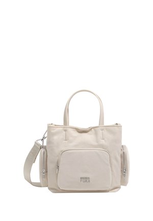 Bolsa tote beige con dos asas, correa de hombro desmontable, bolsillos delanteros y laterales con cremallera y logo en relieve "Rivera Y Lola".