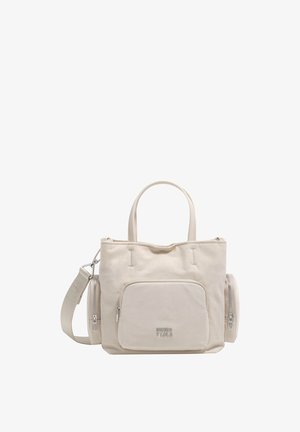 Bolsa tote beige con dos asas, correa de hombro desmontable, bolsillos delanteros y laterales con cremallera y logo en relieve "Rivera Y Lola".