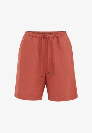 Roostetoonilised puuvillased lühikesed püksid elastse vöökoha ja kengiga. Omavad lõdva istuvust ja siledat tekstuuri. Taskud pole nähtavad.