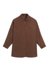 Camicia marrone con colletto, realizzata in materiale morbido, con un taglio comodo, maniche lunghe e cinque bottoni sul davanti.