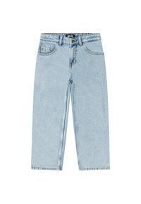 Jeans din denim de un albastru deschis cu un design drept. Caracteristici includ un stil clasic cu cinci buzunare, închidere cu buton metalic și cusături contrastante.