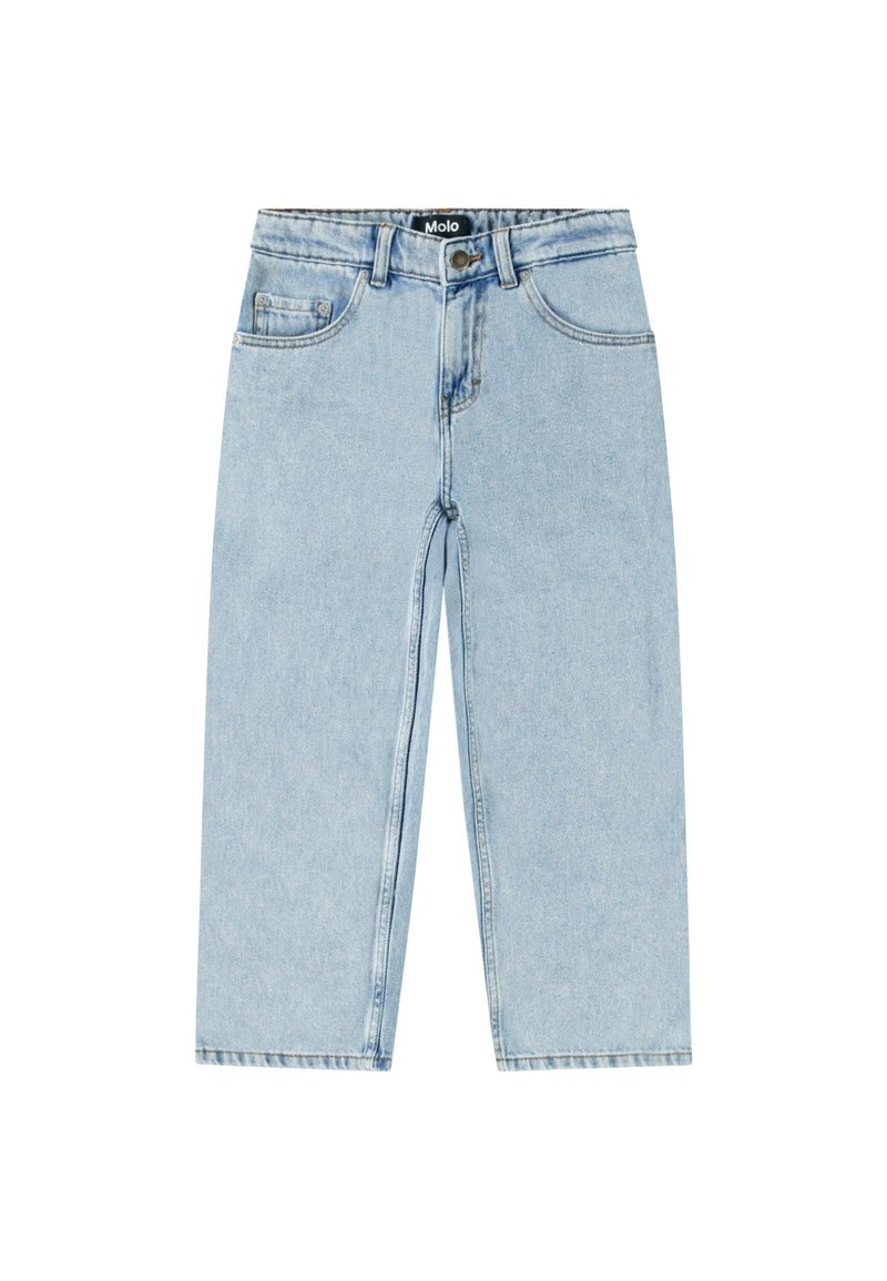 Jeans din denim de un albastru deschis cu un design drept. Caracteristici includ un stil clasic cu cinci buzunare, închidere cu buton metalic și cusături contrastante.