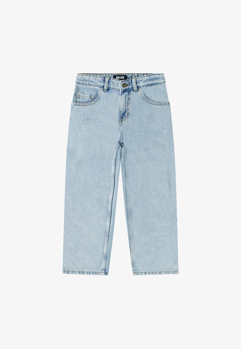 Heledad sinine denim teksad sirge jala kujundusega. Omadusteks on klassikaline viie tasku stiil, metallnuppude sulgemine ja kontrastõmblused.