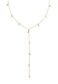 Collana d'oro caratterizzata da una delicata catena con perline multicolori sparse, tra cui rosa, verde e blu, e un dettaglio pendente più lungo.