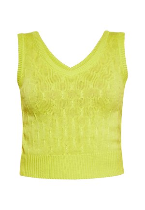 Ærmeløs gul strikket crop top med V-hals og ribbet kant, med et tekstureret kabelstrikkemønster over det hele.