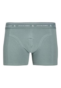 Zelené bavlnené boxerky s jemnou textúrou, vybavené bielym elastickým pásom s potlačou "JACK & JONES". Predný vakový dizajn.