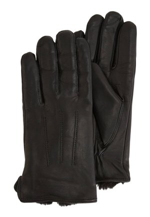 Paire de gants en cuir noir avec trois lignes de couture décoratives au dos et une doublure douce visible au niveau des poignets.