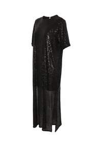 Svart paljettklänning med korta ärmar, hög halsringning och en lång, flödande siluett som har en genomskinlig nederdel och sidoklyftor.