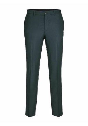 Pantalons tailleur vert foncé avec une texture lisse, design ajusté et fermeture par un seul bouton. Comprend des plis à l'avant et des passants de ceinture.