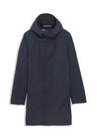 Manteau imperméable bleu marine avec un col haut et une capuche ajustable. Il dispose de manches longues, d'une coupe droite et d'un design minimaliste.