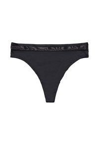 Schwarze Tanga-Bikiniunterhose aus glattem Material, mit einem breiten, transparenten Mesh-Bund. Einfaches, minimales Design ohne zusätzliche Muster.