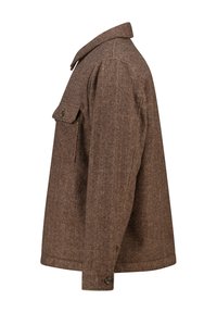 Brown herringbone wool jacket with a collar, long sleeves, chest pocket, and buttoned cuffs. Features a simple, structured design.