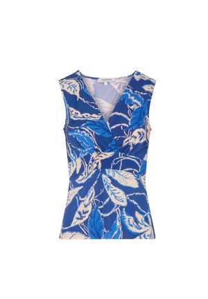 Blue sleeveless top featuring a v-neck, overlapping fabric detail, and a leaf pattern in shades of blue and cream. Smooth, lightweight material.