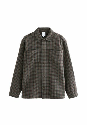 Button-up Hemd in einem braunen Karo-Muster, mit Kragen, zwei Vordertaschen und langen Ärmeln. Hergestellt aus strukturiertem Stoff.