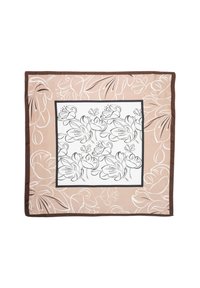 Čtvercový šátek s béžovým pozadím, bílé květinové obrysy a středový bílý panel s květinovým vzorem v černém obrysu. Hnědý lem.