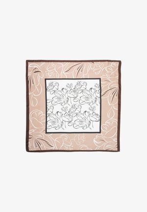 Kwadratowy szal z beżowym tłem, na którym znajdują się białe kontury kwiatów oraz centralna biała sekcja z czarnym konturem kwiatowego wzoru. Brązowa obwódka.