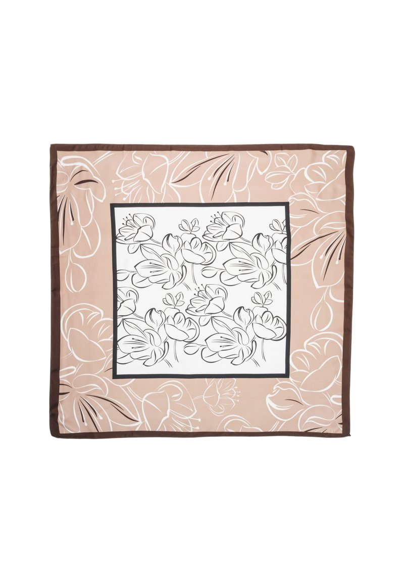 Čtvercový šátek s béžovým pozadím, bílé květinové obrysy a středový bílý panel s květinovým vzorem v černém obrysu. Hnědý lem.