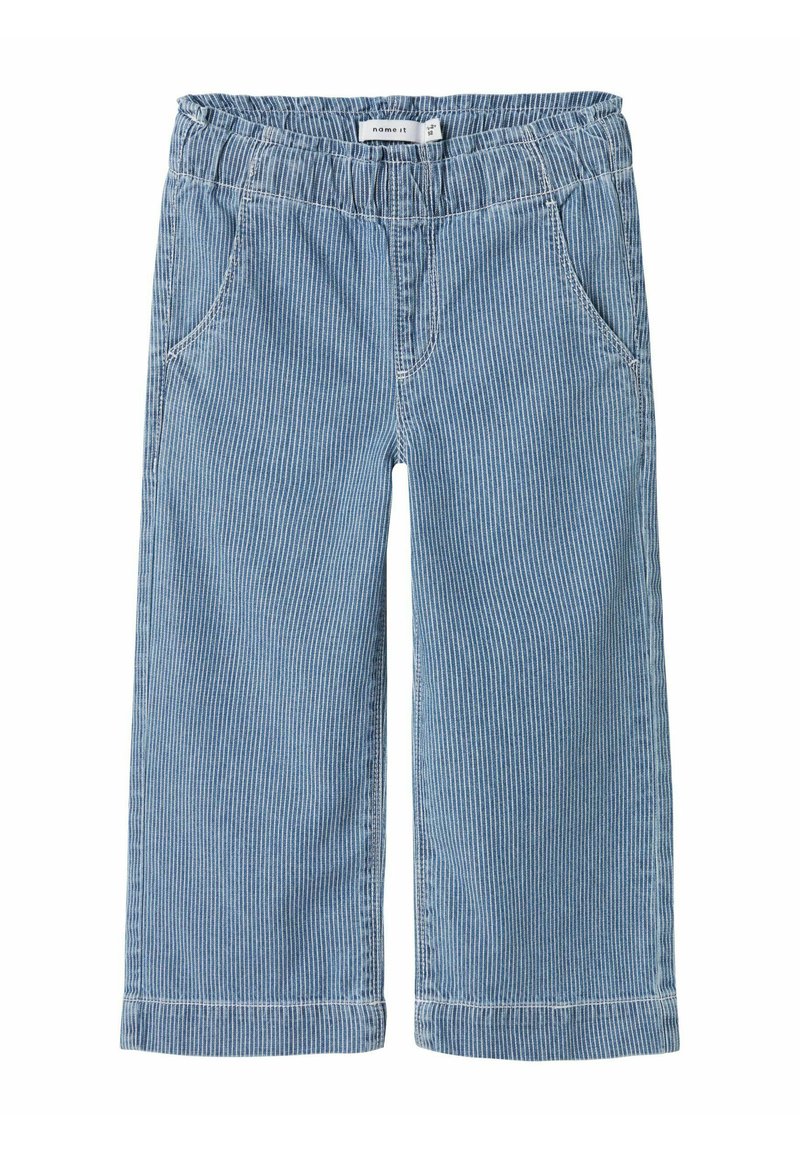 Blue and white striped cropped pants with an elastic waistband, featuring two side pockets and a straight-leg design. Stretch cotton material.