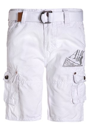 Weiße Cargo-Shorts aus Baumwolle mit glatter Textur, ausgestattet mit zwei seitlichen Taschen und einem grafischen Druck auf dem linken Oberschenkel. Inklusive einem gewebten Gürtel.
