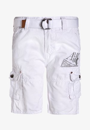 Pantaloni cargo bianchi in cotone con una texture liscia, caratterizzati da due tasche laterali e una stampa grafica sulla coscia sinistra. Comprende una cintura intrecciata.