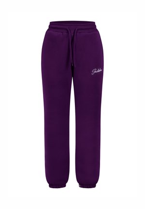 Paarse sweats gemaakt van zacht materiaal, met een verstelbare tailleband, elastische manchetten en een klein wit logo aan de linkerkant.