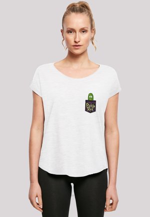 Biała koszulka z krótkim rękawem z zielonym graficznym motywem "Pickle Rick" na wzór kieszeni. Miękki, lekki materiał z okrągłym dekoltem.