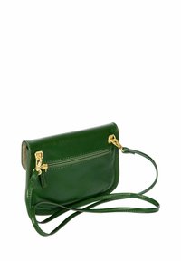Sac à bandoulière en cuir vert avec quincaillerie dorée, une poche zippée à l'arrière et une sangle ajustable. Texture lisse et forme rectangulaire.