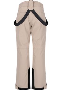 Beige buitenbroek met een waterdichte afwerking. Kenmerken zijn een hoge taille, verstelbare banden en zwarte accenten aan de onderzijden.