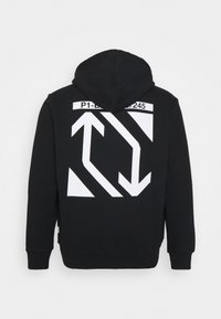 Black hooded sweatshirt made of cotton, featuring a large white graphic with arrows and text on the back, ribbed cuffs, and hem.