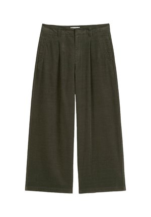 High-waist wide-leg dark olive green pants with front pleats, belt loops, and side pockets, laid flat on white background.