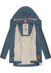 Veste extérieure bleue avec un intérieur doublé, présentant une accent orange au niveau du col et une étiquette de logo. Comprend des poches zippées sur les côtés.