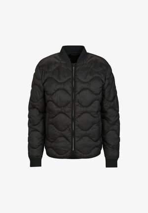 Schwarze gesteppte Bomberjacke mit Reißverschluss, gerippten Bündchen und rundem Kragen. Verfügt über ein strukturiertes Muster über den Stoff.