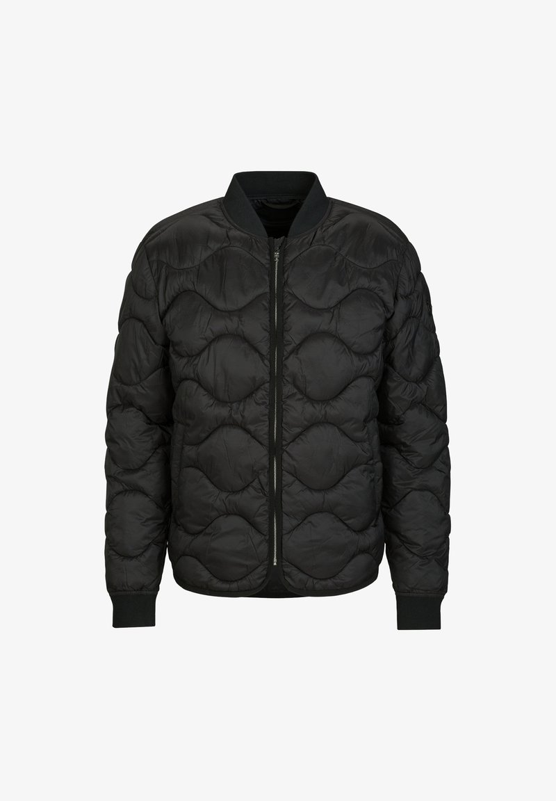 Schwarze gesteppte Bomberjacke mit Reißverschluss, gerippten Bündchen und rundem Kragen. Verfügt über ein strukturiertes Muster über den Stoff.