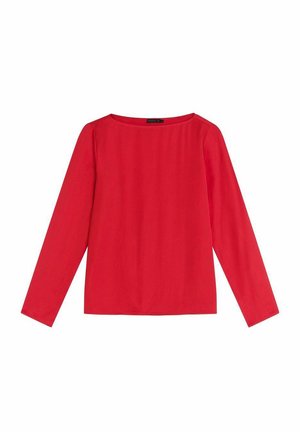 Rode top met lange mouwen, gemaakt van gladde stof met een ronde halslijn. Rechte pasvorm met strakke lijnen, zonder zichtbare patronen of versieringen.