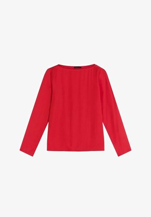 Röd långärmad topp, gjord av mjukt tyg med rund halsringning. Rakt snitt med rena linjer, inga synliga mönster eller utsmyckningar.