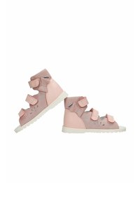 Rosa High-Top-Schuhe aus glatten und strukturierten Materialien, mit drei Klettverschlüssen und einer weißen Gummisohle. Mit Ausschnitten verziert.