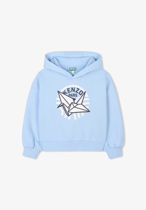Sweatshirt à capuche bleu clair au design court, avec un graphique d'une grue en origami gris et blanc et le texte "KENZO PARIS". Texture douce.