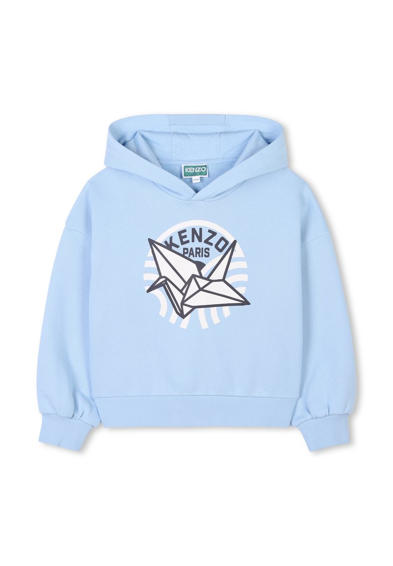 Sweatshirt à capuche bleu clair au design court, avec un graphique d'une grue en origami gris et blanc et le texte "KENZO PARIS". Texture douce.