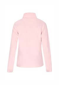 Pullover in pile rosa chiaro con colletto alto, maniche lunghe e una texture liscia; senza pattern o decorazioni visibili.