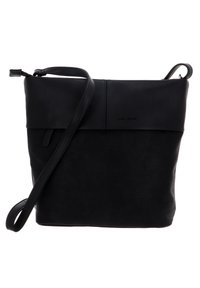 Borsa a tracolla nera in pelle con pannello superiore liscio e fondo testurizzato. Presenta una lunga tracolla regolabile e un discreto dettaglio con logo.