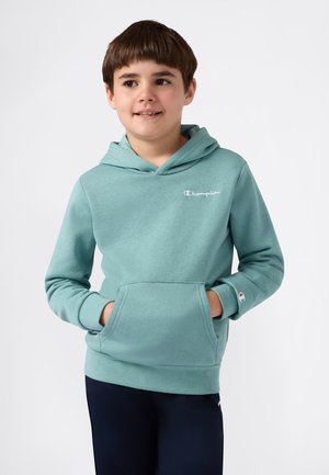 Băiat îmbrăcat cu un hanorac Champion de culoare teal deschis, cu mâinile în buzunarul din față, zâmbind ușor, orientat spre stânga pe un fundal alb simplu.