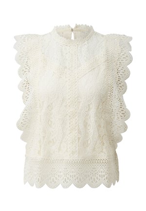 Sleeveless white lace blouse with scalloped edges, high neckline, floral patterns, and keyhole button closure at the back.