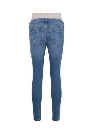 Sinised teksapüksid, millel on hall vöökohasäär, kujule järgnev lõige ja kaks tagataskut, sileda tekstuuri ning minimaalsete õmblustega.